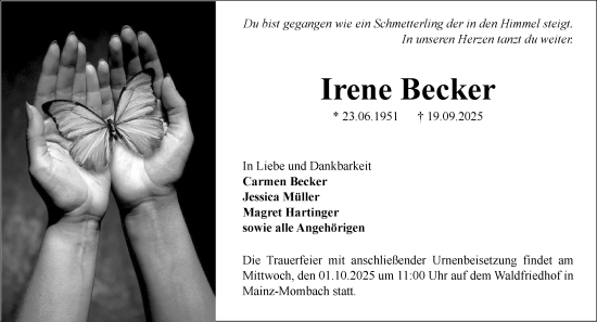 Traueranzeige von Irene Becker von Allgemeine Zeitung Mainz