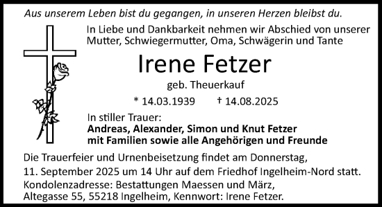 Traueranzeige von Irene Fetzer von Allgemeine Zeitung Rheinhessen-Nahe