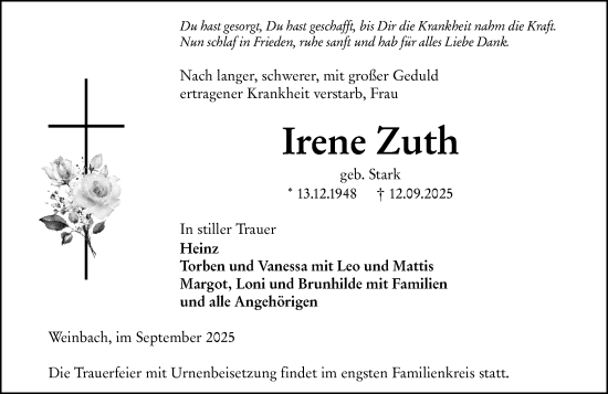 Traueranzeige von Irene Zuth von Weilburger Tageblatt