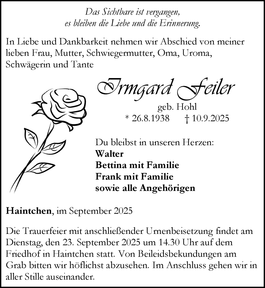  Traueranzeige für Irmgard Feiler vom 18.09.2025 aus Camberger Anzeiger