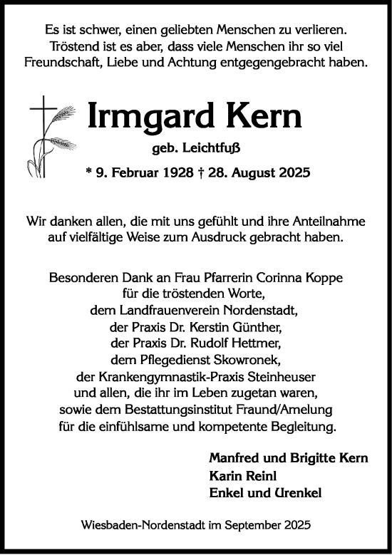 Traueranzeige von Irmgard Kern von Wiesbadener Kurier
