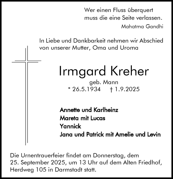 Traueranzeige von Irmgard Kreher von Darmstädter Echo