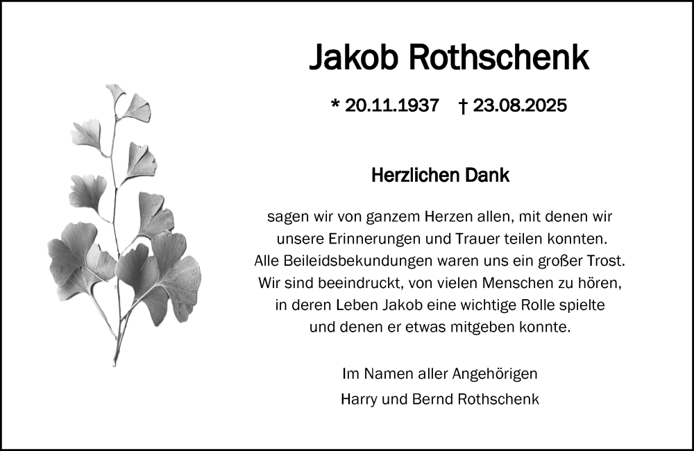 Traueranzeige für Jakob Rothschenk vom 20.09.2025 aus Binger-/Ingelheimer Wochenblatt