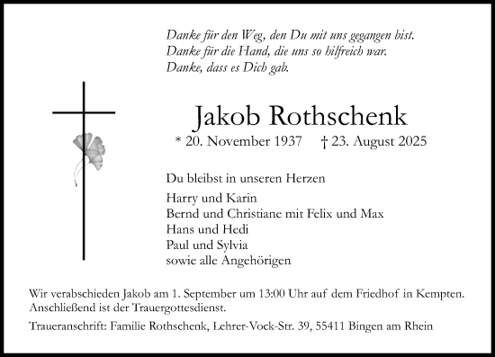Traueranzeige von Jakob Rothschenk von Allgemeine Zeitung Rheinhessen-Nahe