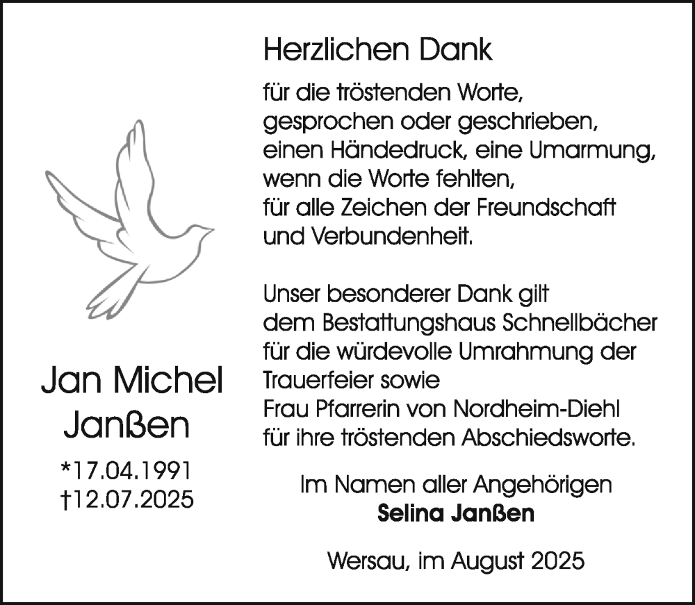  Traueranzeige für Jan Michel vom 30.08.2025 aus Darmstädter Echo