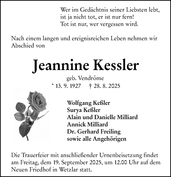 Traueranzeige von Jeannine Kessler von Wetzlarer Neue Zeitung
