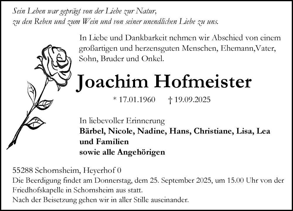  Traueranzeige für Joachim Hofmeister vom 23.09.2025 aus Allgemeine Zeitung Alzey