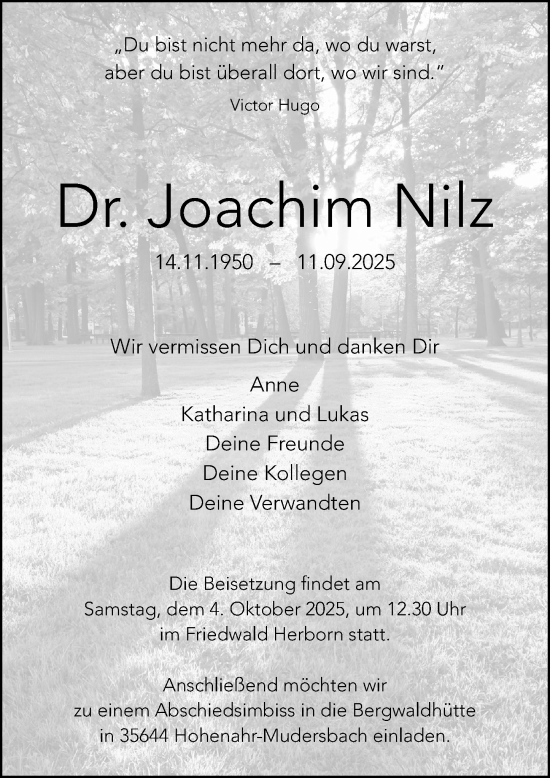 Traueranzeige von Joachim Nilz von Wetzlarer Neue Zeitung