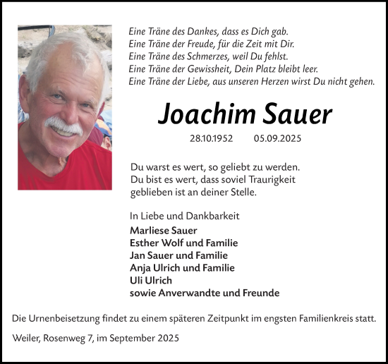 Traueranzeige von Joachim Sauer von Allgemeine Zeitung Rheinhessen-Nahe