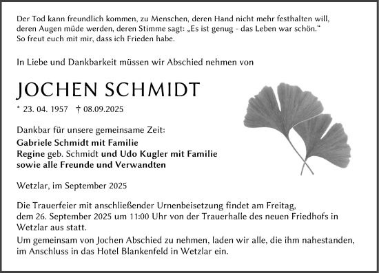 Traueranzeige von Jochen Schmidt von Wetzlarer Neue Zeitung