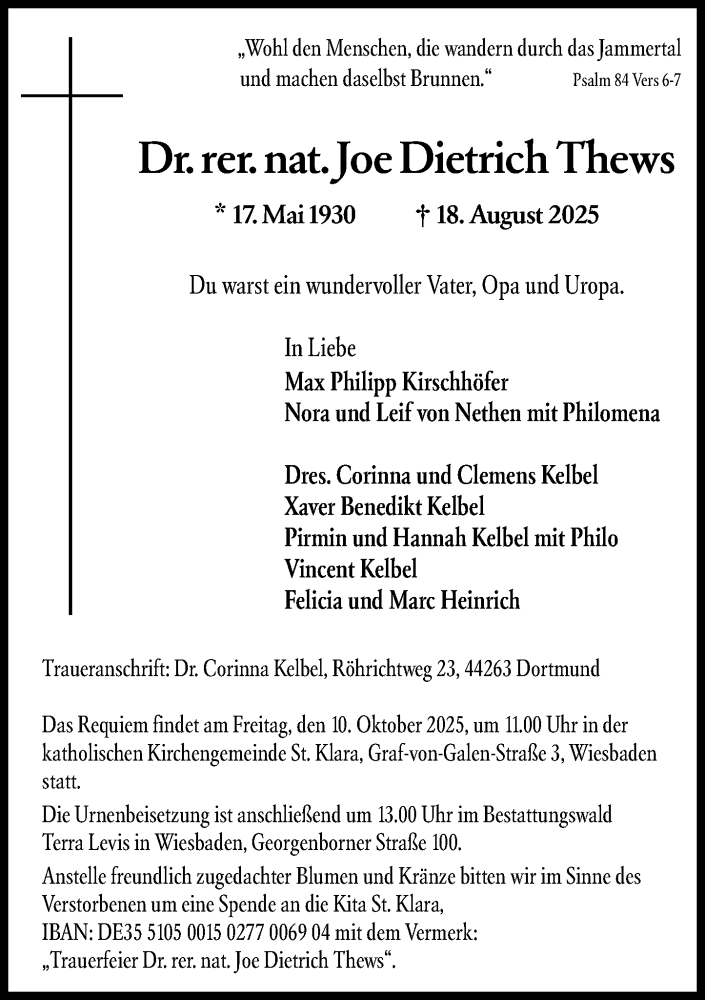 Traueranzeige für Joe Dietrich Thews vom 27.09.2025 aus Wiesbadener Kurier