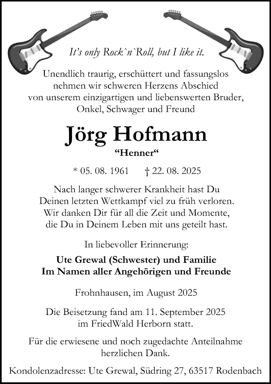 Traueranzeige von Jörg Hofmann von Dill Block