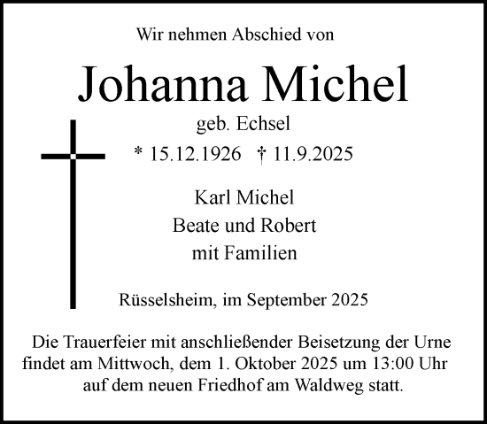 Traueranzeige von Johanna Michel von Rüsselsheimer Echo