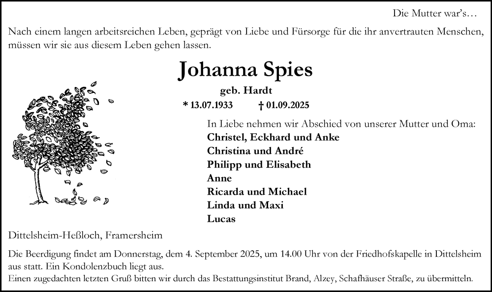  Traueranzeige für Johanna Spies vom 02.09.2025 aus Allgemeine Zeitung Alzey