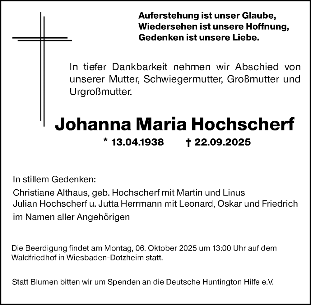  Traueranzeige für Johanna Maria Hochscherf vom 27.09.2025 aus Wiesbadener Kurier