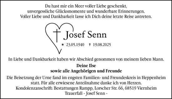Traueranzeige von Josef Senn von Darmstädter Echo