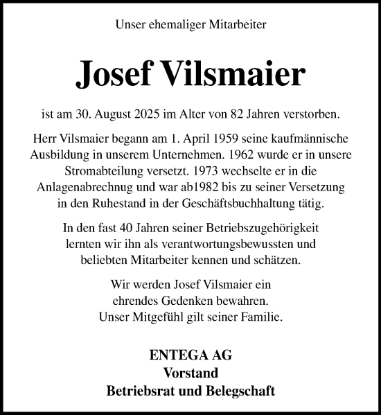 Traueranzeige von Josef Vilsmaier von Odenwälder Echo