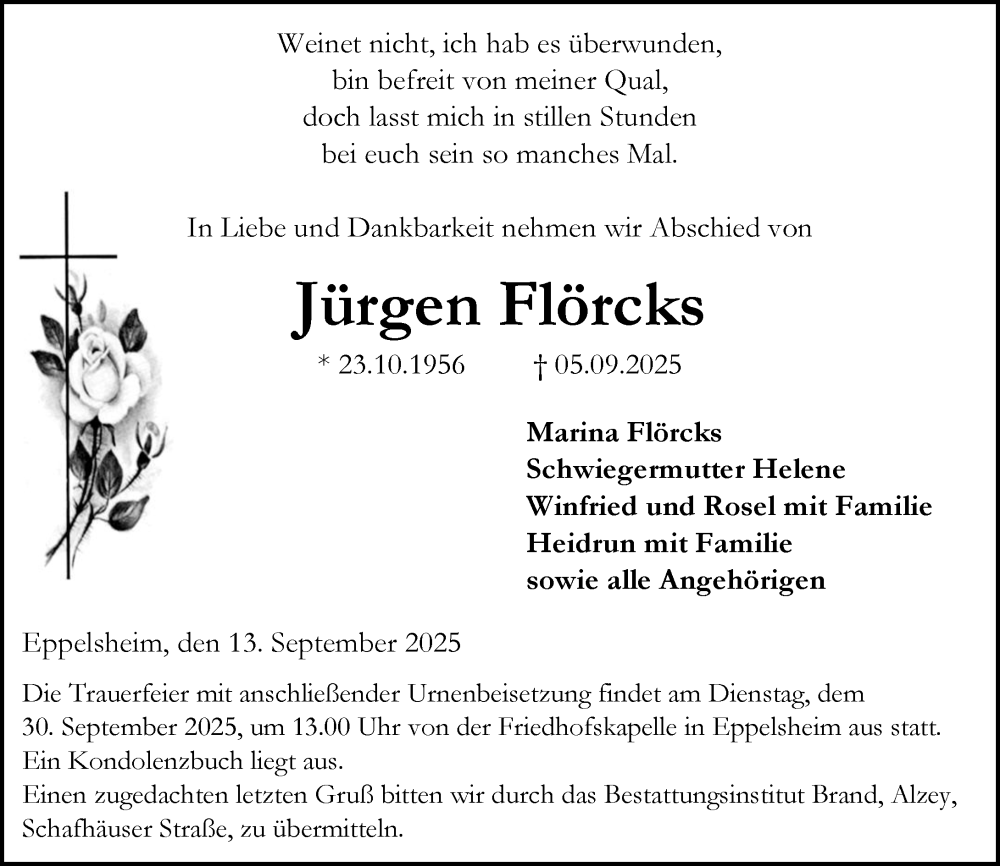 Traueranzeige für Jürgen Flörcks vom 13.09.2025 aus Allgemeine Zeitung Alzey