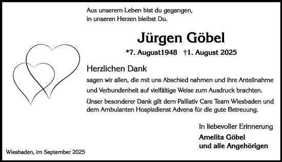 Traueranzeige von Jürgen Göbel von Wiesbadener Kurier