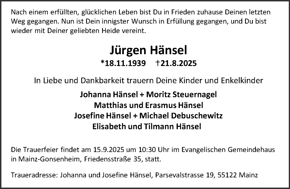  Traueranzeige für Jürgen Hänsel vom 30.08.2025 aus Darmstädter Echo