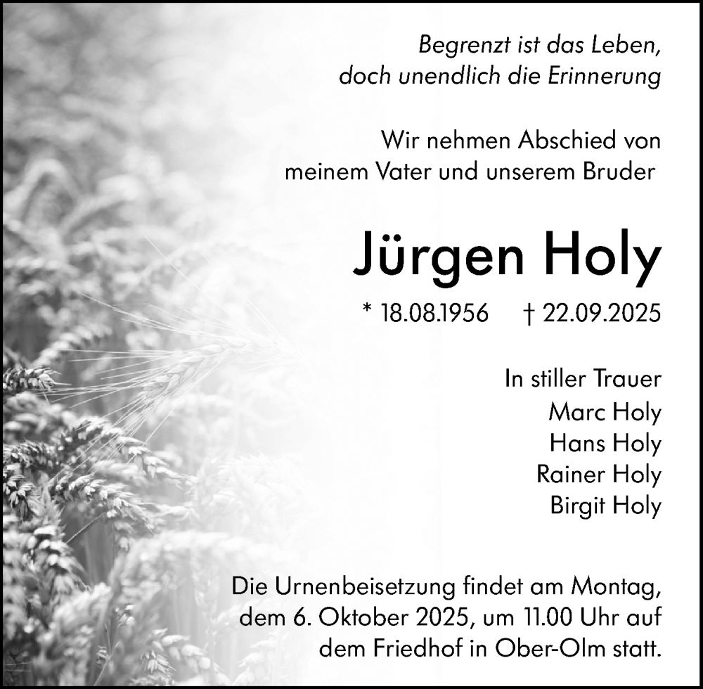  Traueranzeige für Jürgen Holy vom 27.09.2025 aus Allgemeine Zeitung Mainz