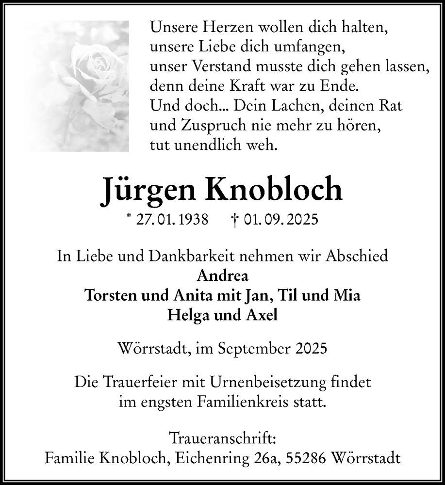  Traueranzeige für Jürgen Knobloch vom 06.09.2025 aus Allgemeine Zeitung Alzey
