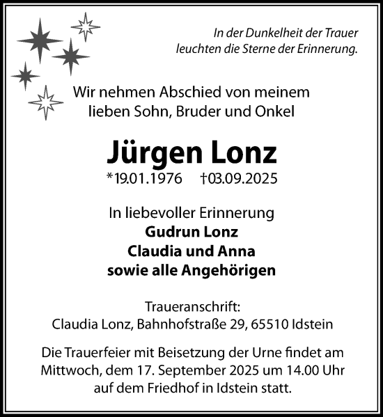 Traueranzeige von Jürgen Lonz von Idsteiner Land/Untertaunus