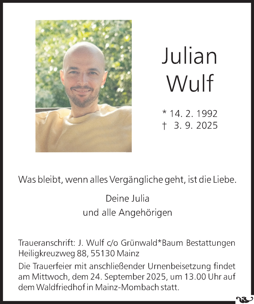  Traueranzeige für Julian Wulf vom 20.09.2025 aus Allgemeine Zeitung Mainz