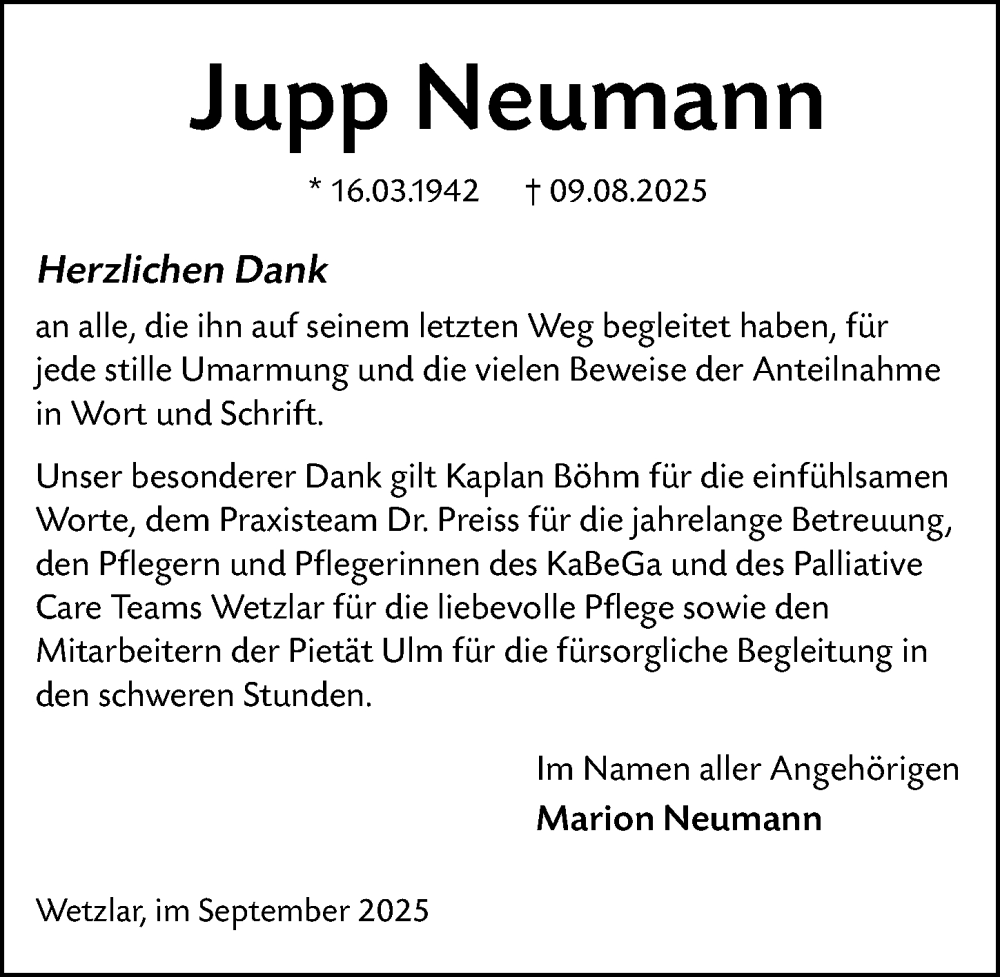  Traueranzeige für Jupp Neumann vom 20.09.2025 aus Wetzlarer Neue Zeitung