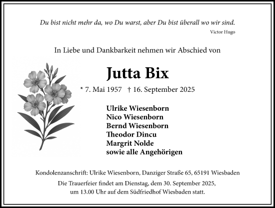 Traueranzeige von Jutta Bix von Wiesbadener Kurier