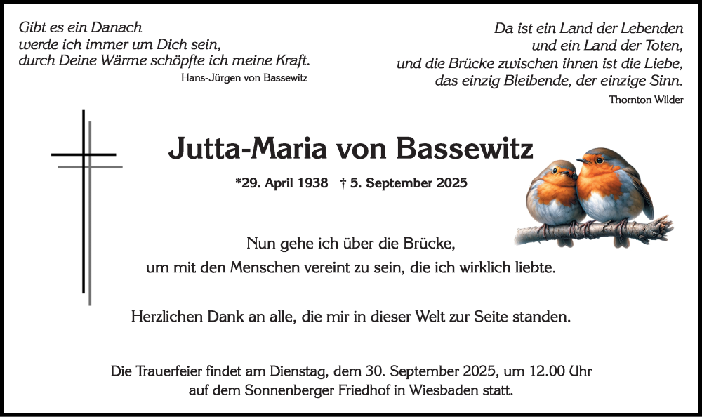  Traueranzeige für Jutta-Maria von Bassewitz vom 27.09.2025 aus Wiesbadener Kurier
