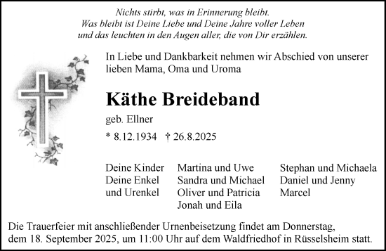 Traueranzeige von Käthe Breideband von Rüsselsheimer Echo