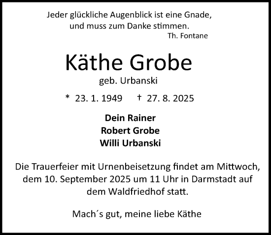 Traueranzeige von Käthe Grobe von Darmstädter Echo