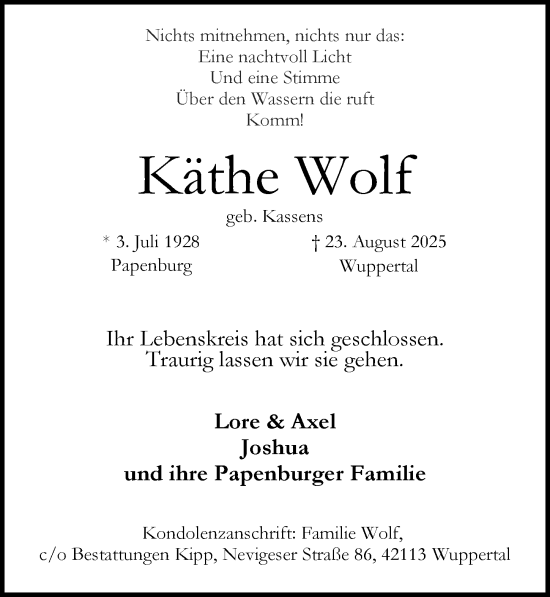 Traueranzeige von Käthe Wolf von Dieburger Anzeiger/Groß-Zimmerner Lokal-Anzeiger