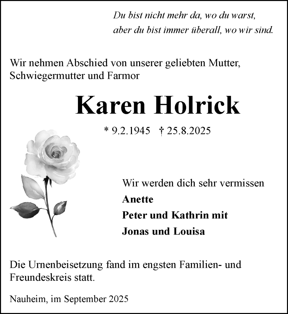  Traueranzeige für Karen Holrick vom 06.09.2025 aus Rüsselsheimer Echo