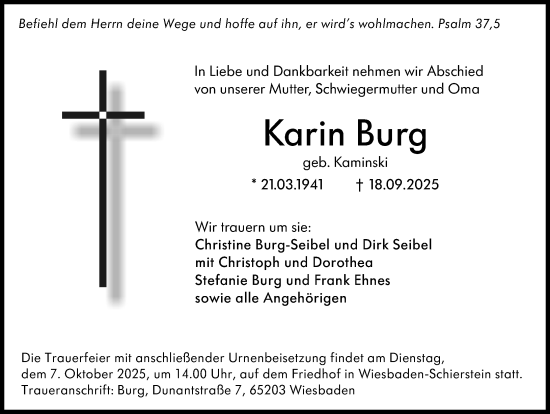 Traueranzeige von Karin Burg von Wiesbadener Kurier