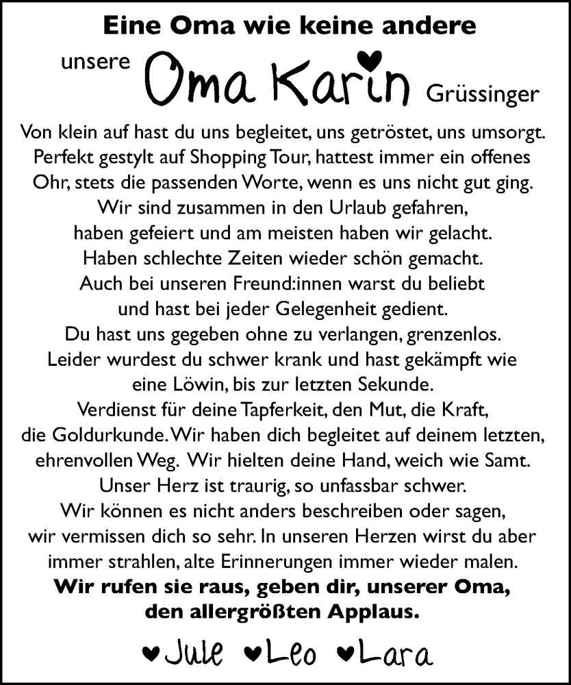  Traueranzeige für Karin Grüssinger vom 20.09.2025 aus Weilburger Tageblatt