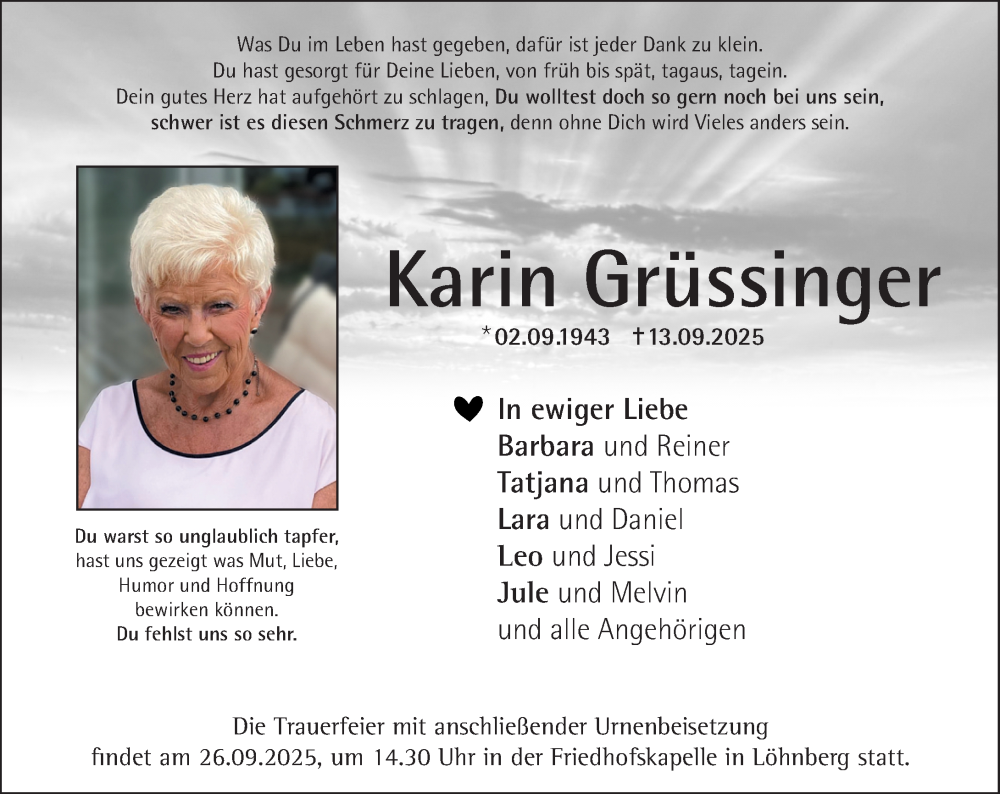  Traueranzeige für Karin Grüssinger vom 20.09.2025 aus Weilburger Tageblatt