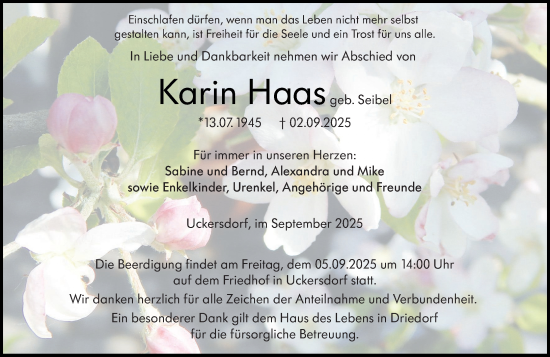 Traueranzeige von Karin Haas von Dill Block