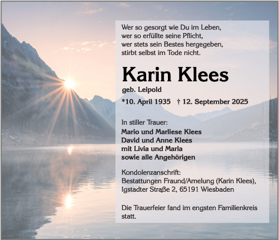 Traueranzeige von Karin Klees von Wiesbadener Kurier