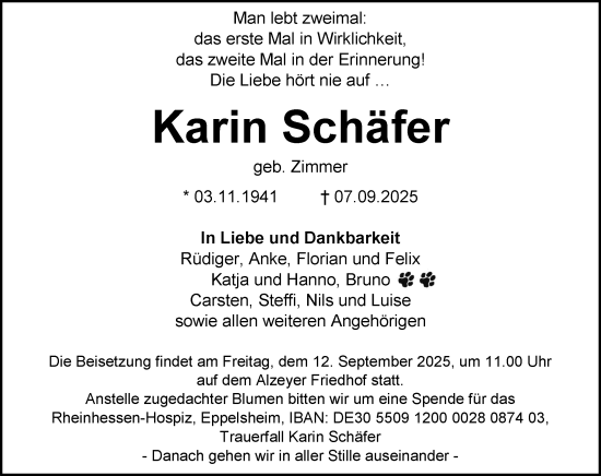 Traueranzeige von Karin Schäfer von Allgemeine Zeitung Alzey