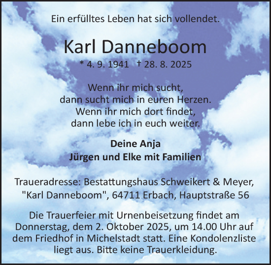 Traueranzeige von Karl Danneboom von Odenwälder Echo