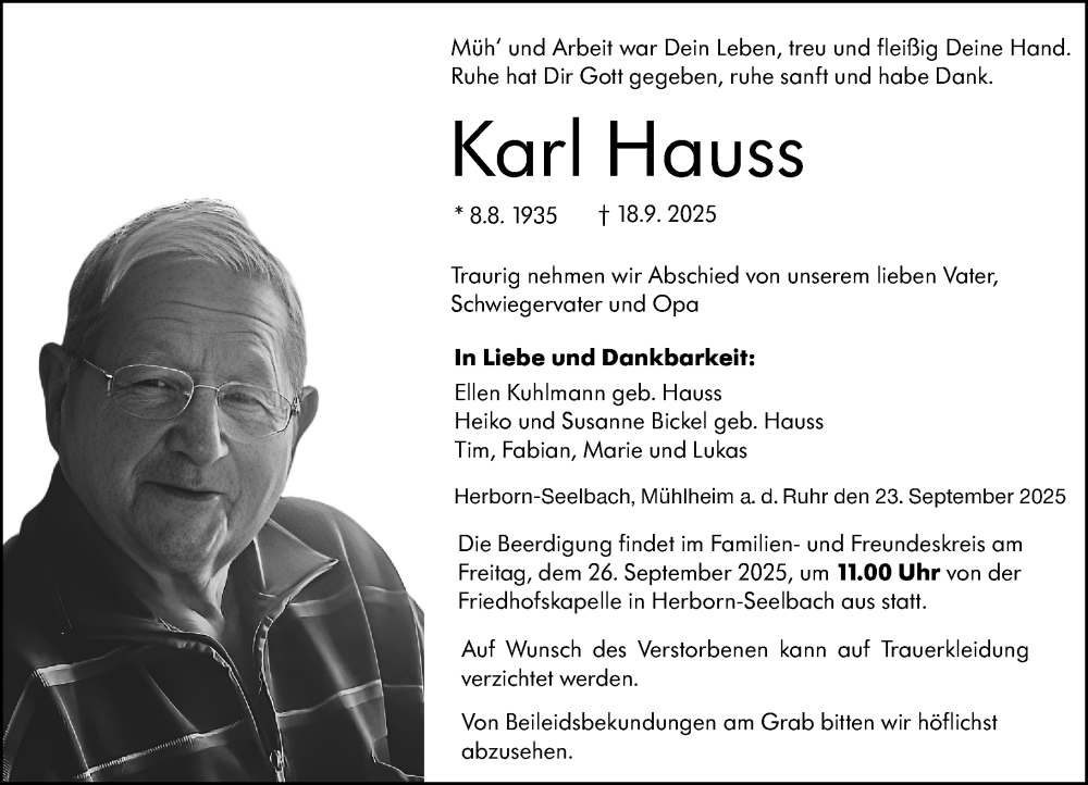  Traueranzeige für Karl Hauss vom 23.09.2025 aus Dill Block