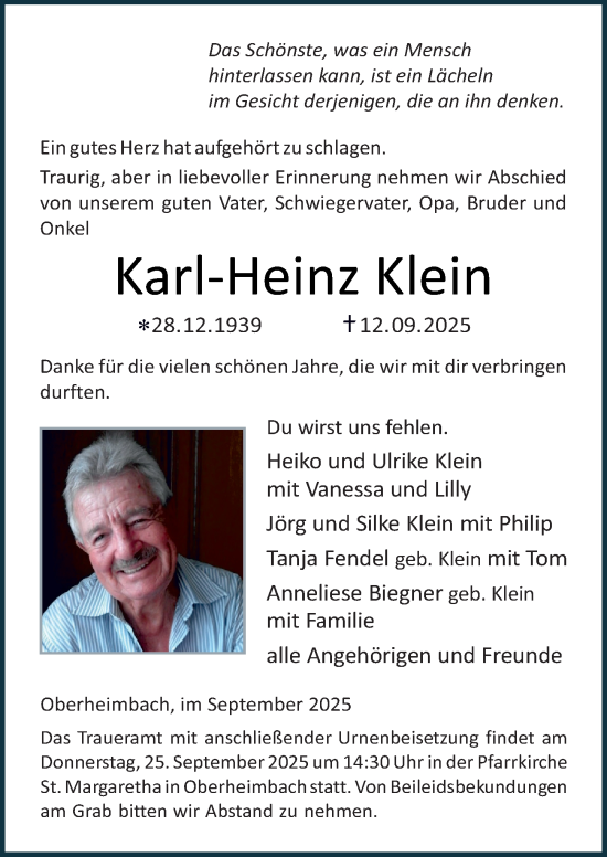 Traueranzeige von Karl-Heinz Klein von Allgemeine Zeitung Rheinhessen-Nahe