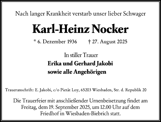 Traueranzeige von Karl-Heinz Nocker von Wiesbadener Kurier