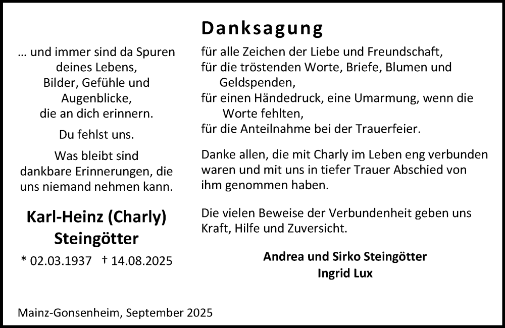  Traueranzeige für Karl-Heinz Steingötter vom 20.09.2025 aus Allgemeine Zeitung Mainz