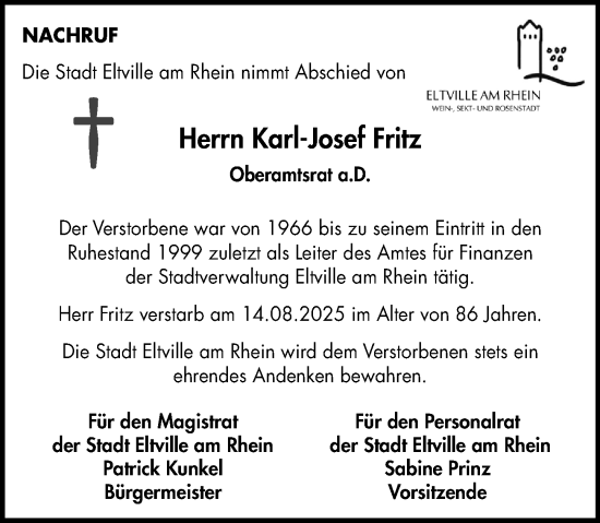 Traueranzeige von Karl-Josef Fritz von Rheingau Kurier