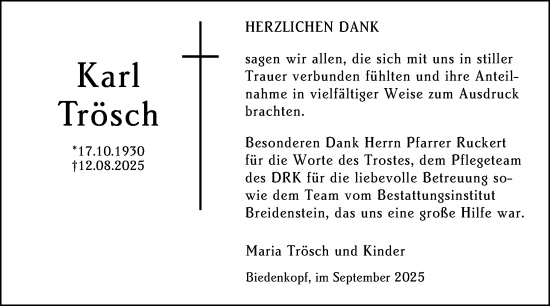 Traueranzeige von Karl Trösch von Hinterländer Anzeiger