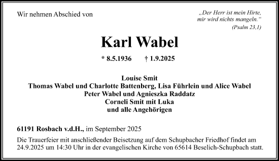 Traueranzeige von Karl Wabel von Weilburger Tageblatt