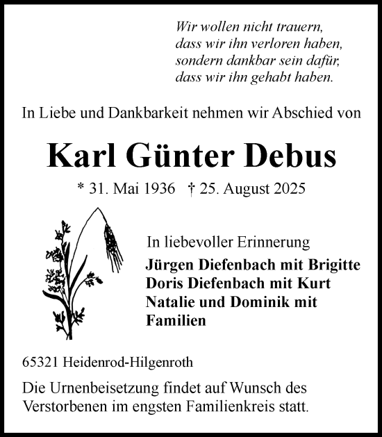 Traueranzeige von Karl Günter Debus von Wiesbadener Kurier
